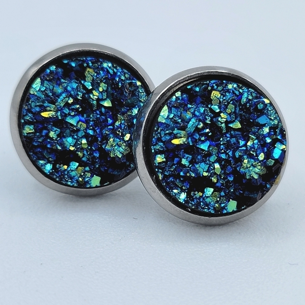 Blue Druzy Stud Earrings #2423